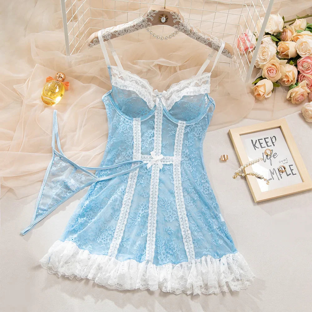 Toucheart 2PC Ssee-through Steel Ring Lace Night Skirt Panty Slim High Waisted Night Skirt Mesh Set