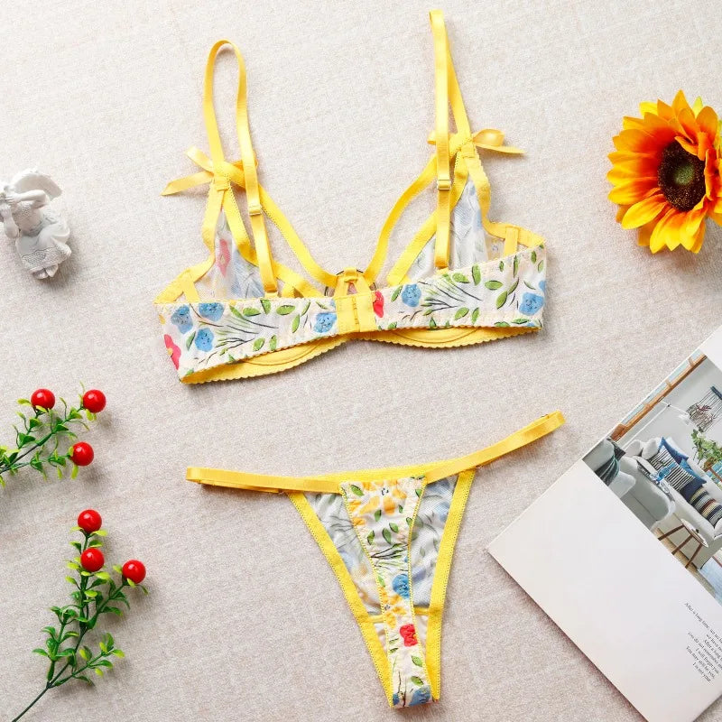 Toucheart 2PCS Mesh Steel Ring Lingerie Panty Thin Model Printing Charming Set Slim Backless Underwear