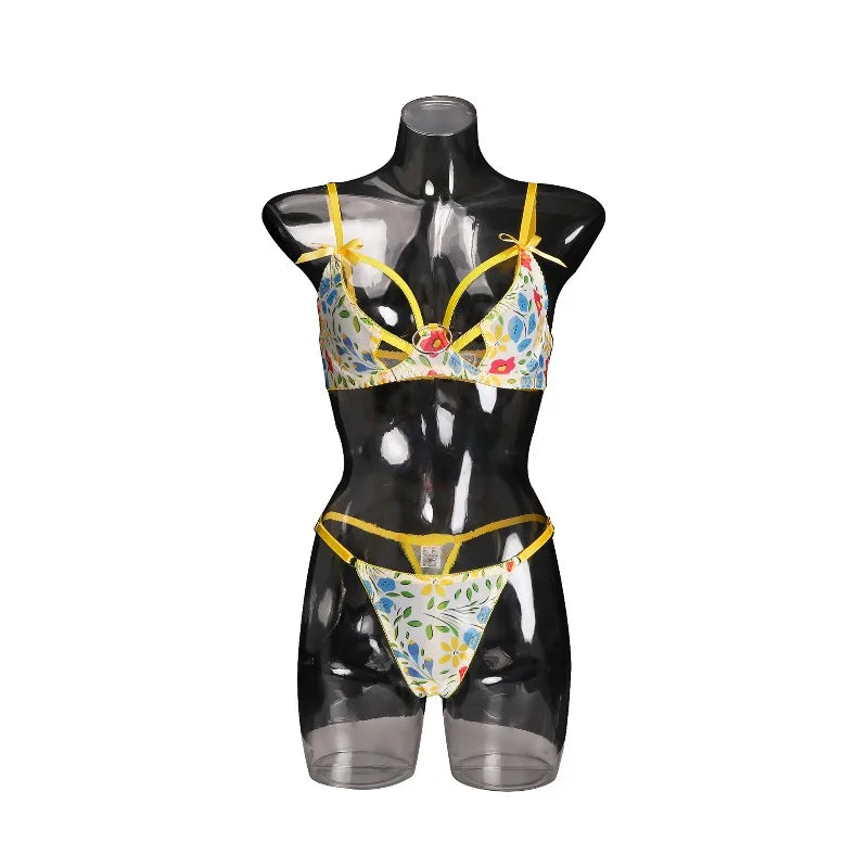 Toucheart 2PCS Mesh Steel Ring Lingerie Panty Thin Model Printing Charming Set Slim Backless Underwear