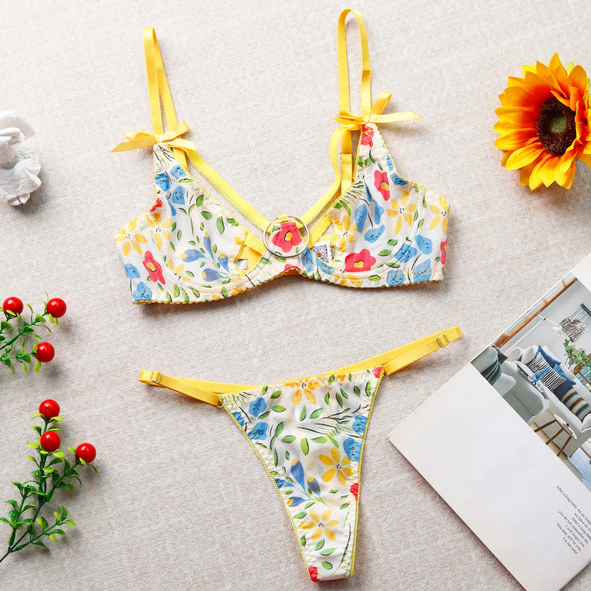 Toucheart 2PCS Mesh Steel Ring Lingerie Panty Thin Model Printing Charming Set Slim Backless Underwear