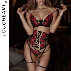 Toucheart 3-Piece Sensual Lingerie Embroidery Bandage Breves Sets Garters Briefs Luxury Erotic Delicate Underwear