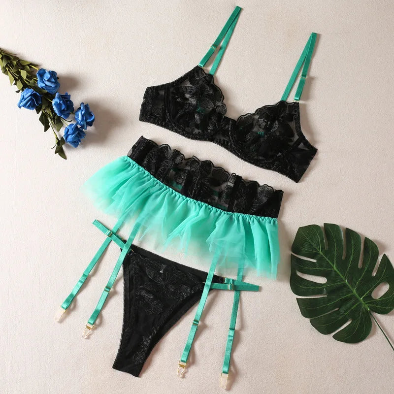 Toucheart 3 Piece Set Lingerie Garter Sets Lingerie Mini Skirt See-Through Embroidered Bra Erotic Underwear