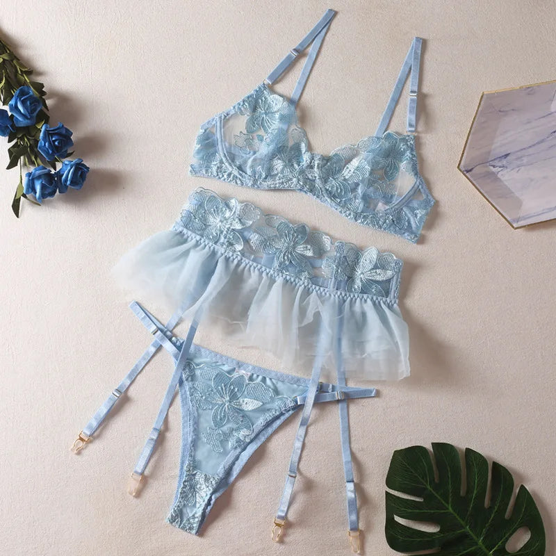 Toucheart 3 Piece Set Lingerie Garter Sets Lingerie Mini Skirt See-Through Embroidered Bra Erotic Underwear