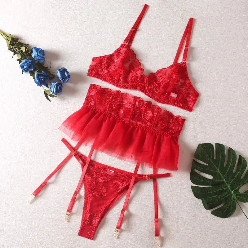 Toucheart 3 Piece Set Lingerie Garter Sets Lingerie Mini Skirt See-Through Embroidered Bra Erotic Underwear