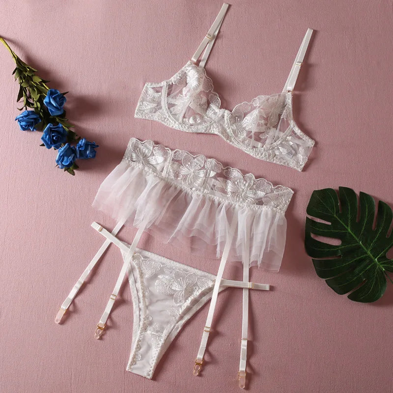 Toucheart 3 Piece Set Lingerie Garter Sets Lingerie Mini Skirt See-Through Embroidered Bra Erotic Underwear