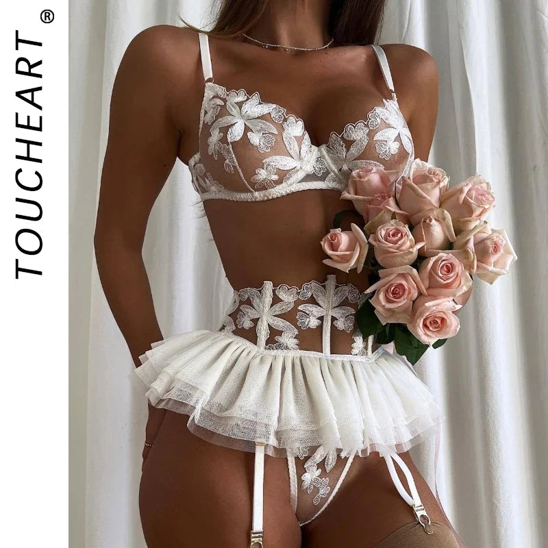Toucheart 3 Piece Set Lingerie Garter Sets Lingerie Mini Skirt See-Through Embroidered Bra Erotic Underwear