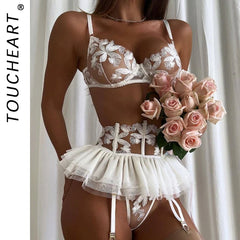 Toucheart 3 Piece Set Lingerie Garter Sets Lingerie Mini Skirt See-Through Embroidered Bra Erotic Underwear