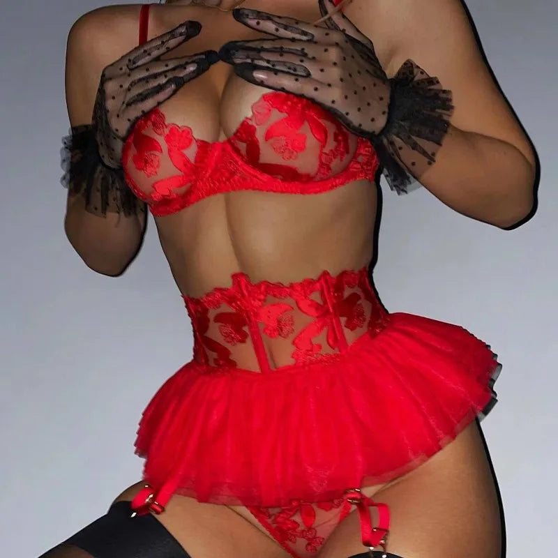 Toucheart 3 Piece Set Lingerie Garter Sets Lingerie Mini Skirt See-Through Embroidered Bra Erotic Underwear