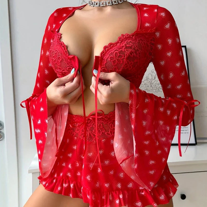 Toucheart 3 Piece Set See-through Lingerie Red Love Bra Mesh Ruched Lace Up Skirt Thong Suit