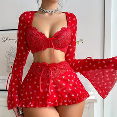 Toucheart 3 Piece Set See-through Lingerie Red Love Bra Mesh Ruched Lace Up Skirt Thong Suit