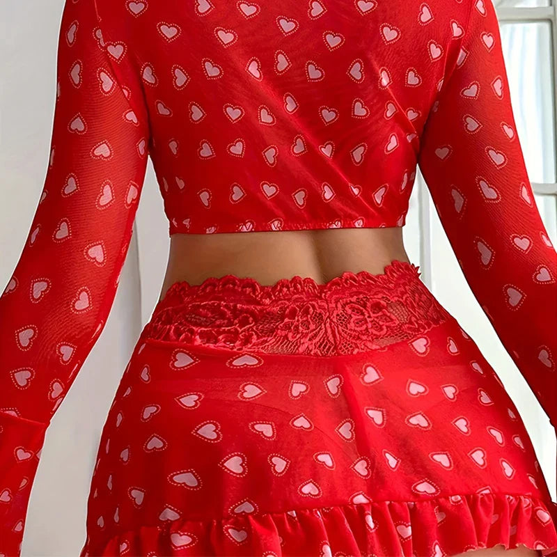 Toucheart 3 Piece Set See-through Lingerie Red Love Bra Mesh Ruched Lace Up Skirt Thong Suit