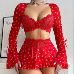 Toucheart 3 Piece Set See-through Lingerie Red Love Bra Mesh Ruched Lace Up Skirt Thong Suit