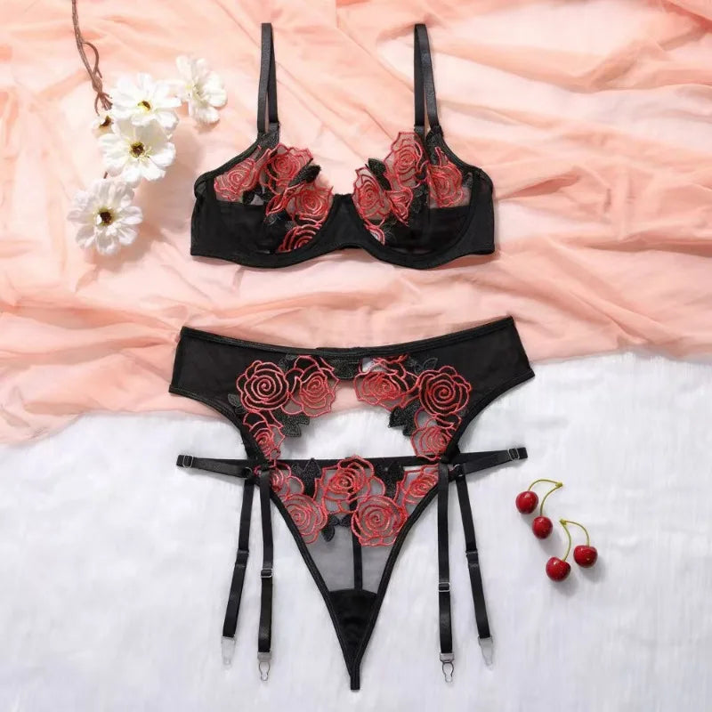 Toucheart 3 Piece Set Lace Embroidery Bra Set Mesh Perspective Garters Steel Rings Underwear Set