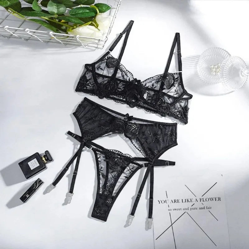 Toucheart 3 Piece Set Lace Embroidery Bra Set Mesh Perspective Garters Steel Rings Underwear Set