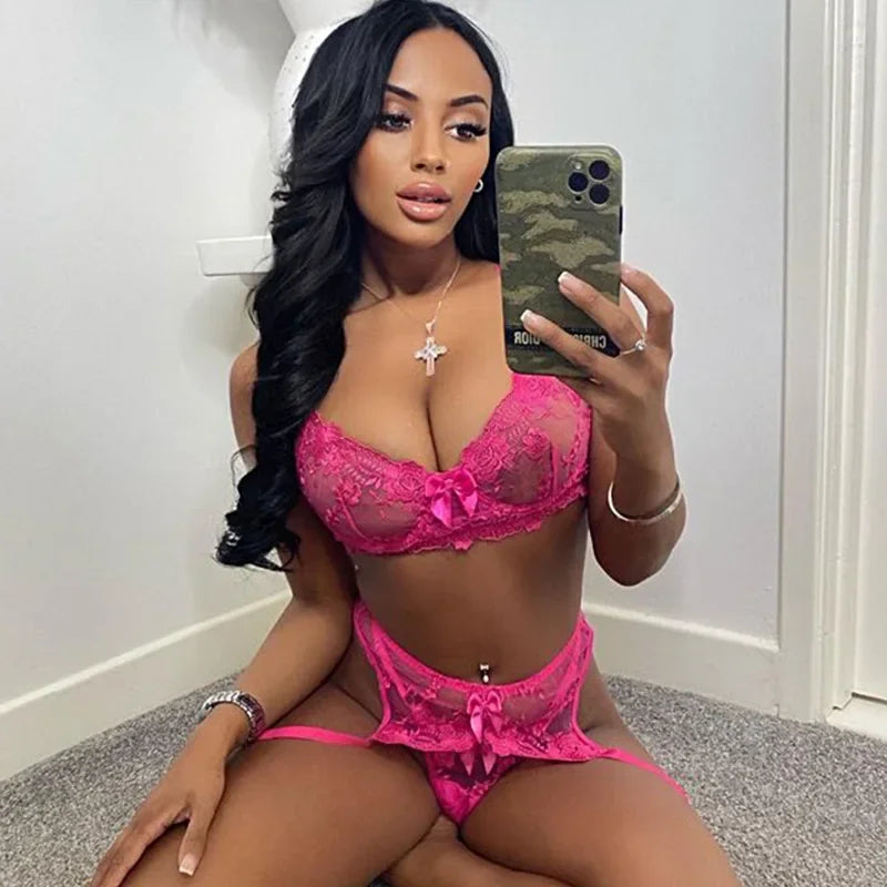 Toucheart 3 Piece Set Lingerie Lace Embroidered Eyelashes Perspective Underwired Push-up Bra Underwear Suit