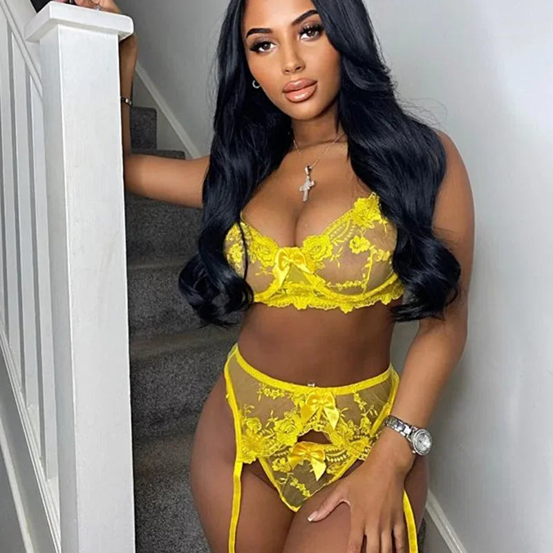 Toucheart 3 Piece Set Lingerie Lace Embroidered Eyelashes Perspective Underwired Push-up Bra Underwear Suit