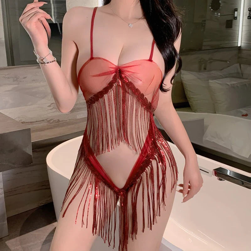 Toucheart 3 Piece Set Lingerie Sequined Tassel Crotch Strap Jumpsuit See-through Erotic Lingerie Exotic Underwear
