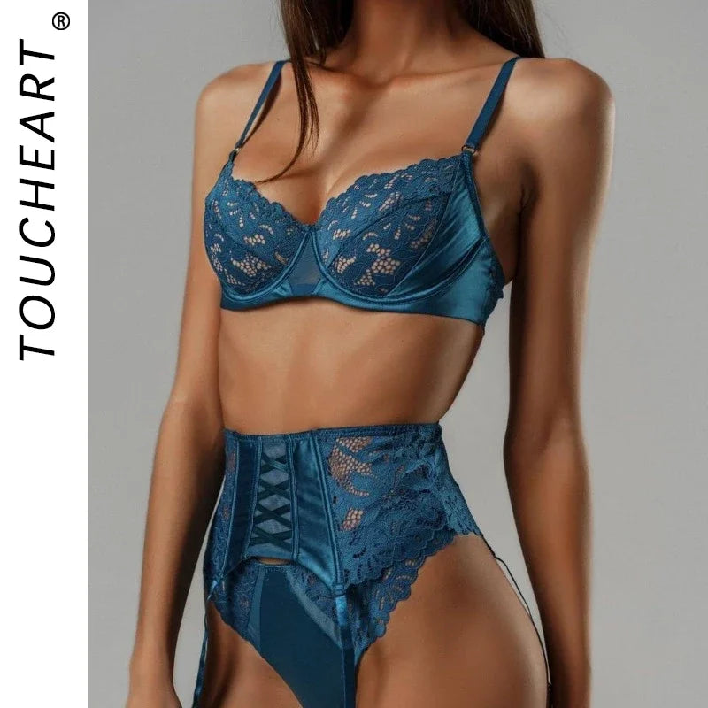 Toucheart 3 Piece Set Underwear Set Mesh See-Through Lace Thin Sling Bra Set With Girdle Lingerie Suit