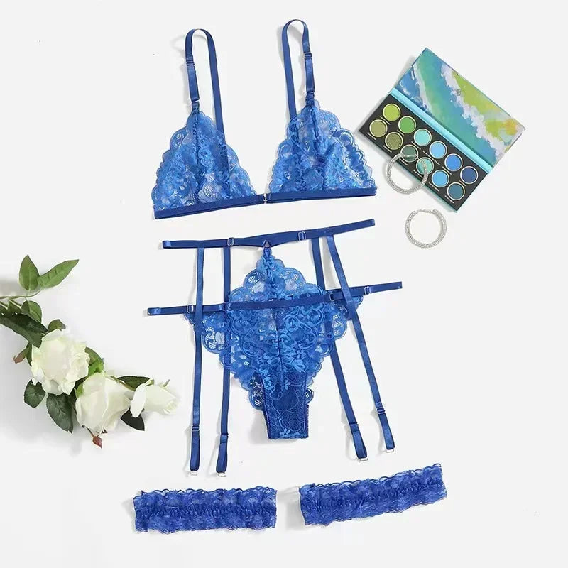 Toucheart 3 Piece Set Sleepwear Suit Lingerie Thin Transparent Lace Bra Set See Through Female Erotic Underwear