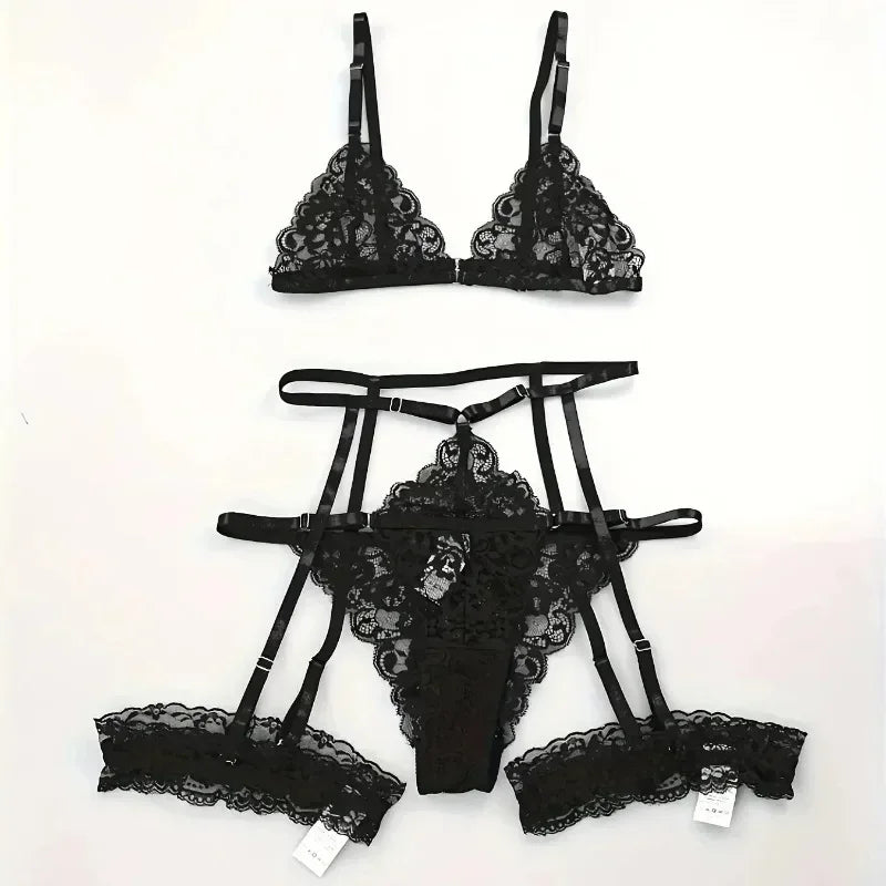Toucheart 3 Piece Set Sleepwear Suit Lingerie Thin Transparent Lace Bra Set See Through Female Erotic Underwear