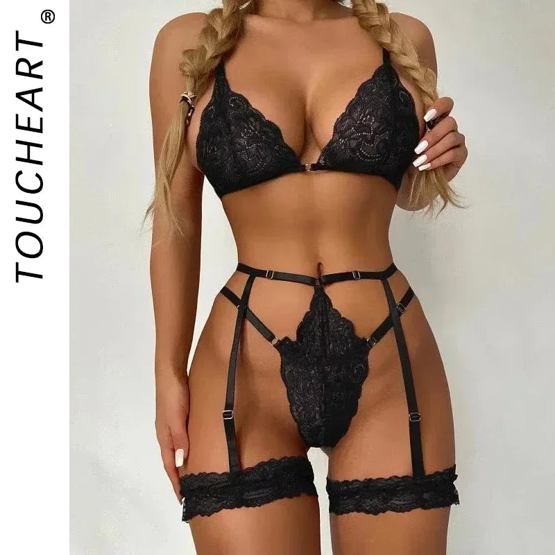 Toucheart 3 Piece Set Sleepwear Suit Lingerie Thin Transparent Lace Bra Set See Through Female Erotic Underwear