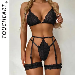 Toucheart 3 Piece Set Sleepwear Suit Lingerie Thin Transparent Lace Bra Set See Through Female Erotic Underwear