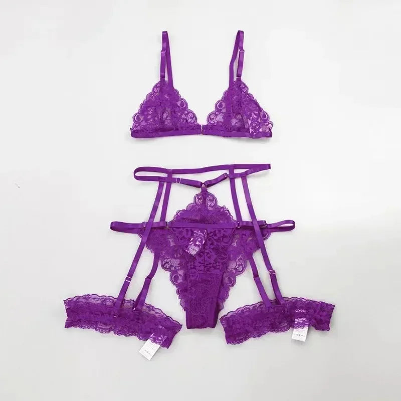 Toucheart 3 Piece Set Sleepwear Suit Lingerie Thin Transparent Lace Bra Set See Through Female Erotic Underwear