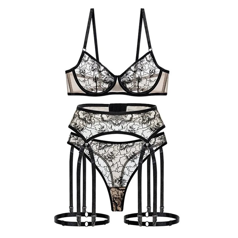 Toucheart 3PC Embroidery Lace Floral Embroidery Underwear Panty Slim Backless Spaghetti Strap Underwear Set
