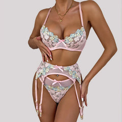Toucheart 3PCS Embroidery Floral Underwear Set Lace See-through Slim Plunge Mesh Bralette Set