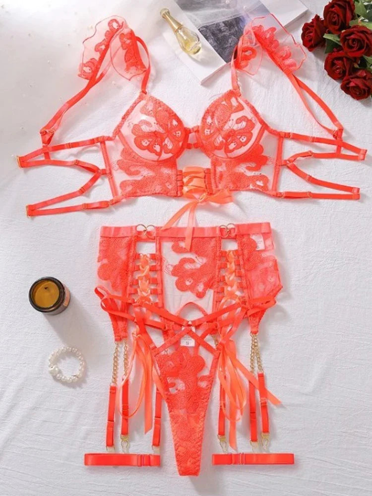 Toucheart 4-Piece Embroidered See-Through Ultra-Thin Bra Body Shaping Set Mesh Underwear Suit