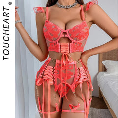 Toucheart 4-Piece Embroidered See-Through Ultra-Thin Bra Body Shaping Set Mesh Underwear Suit