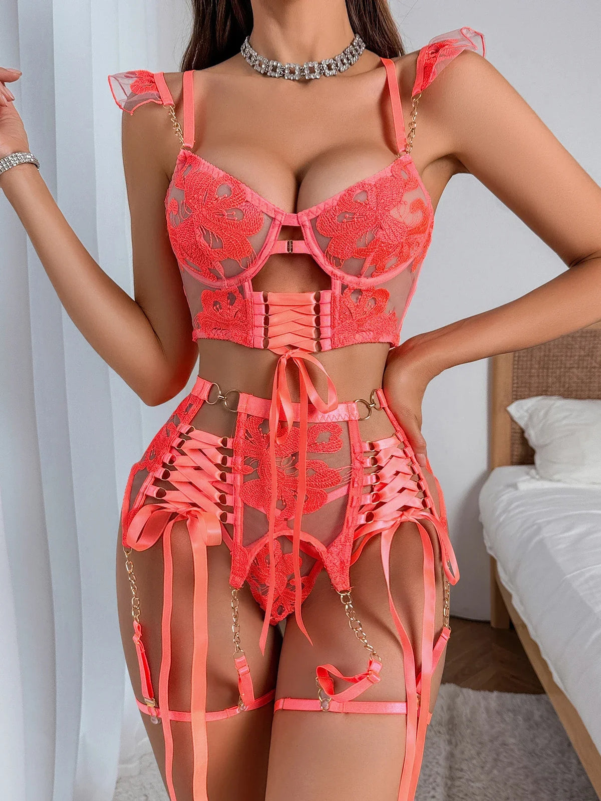 Toucheart 4-Piece Embroidered See-Through Ultra-Thin Bra Body Shaping Set Mesh Underwear Suit