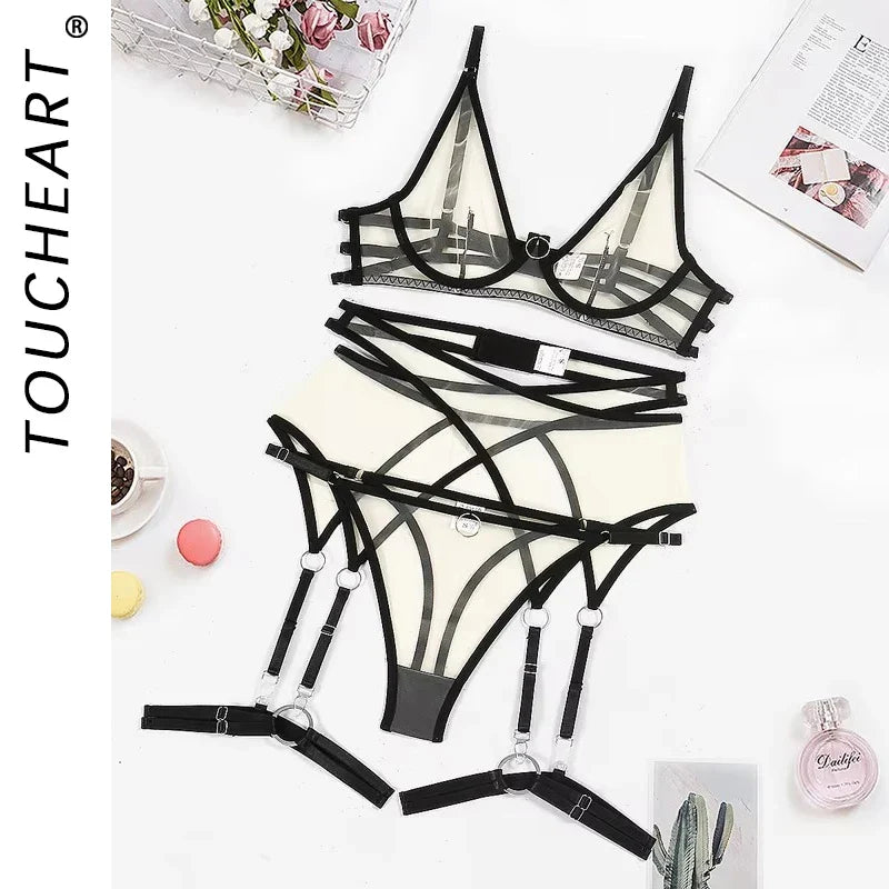 Toucheart 4 Piece Set Bra Set Nude See-Through Mesh Contrasting Color Hemmed Underwear Girdle Garter Belt Suit