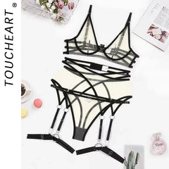 Toucheart 4 Piece Set Bra Set Nude See-Through Mesh Contrasting Color Hemmed Underwear Girdle Garter Belt Suit