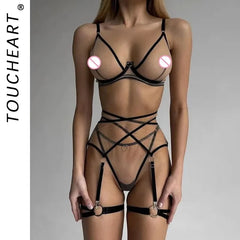 Toucheart 4 Piece Set Bra Set Nude See-Through Mesh Contrasting Color Hemmed Underwear Girdle Garter Belt Suit