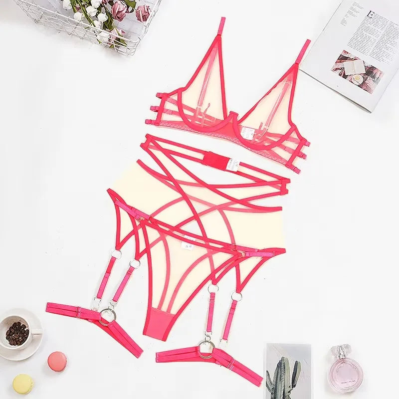 Toucheart 4 Piece Set Bra Set Nude See-Through Mesh Contrasting Color Hemmed Underwear Girdle Garter Belt Suit
