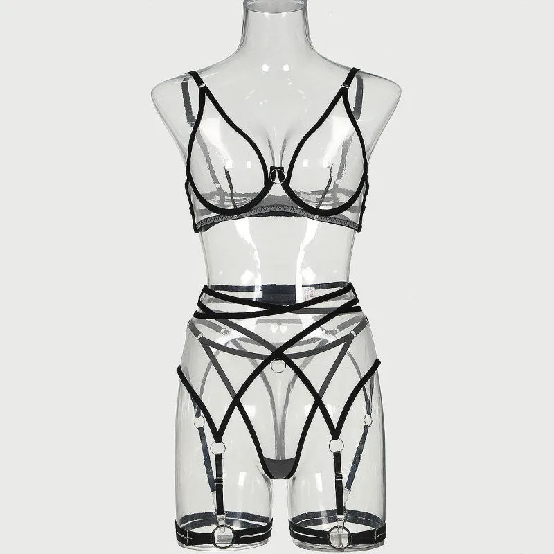 Toucheart 4 Piece Set Bra Set Nude See-Through Mesh Contrasting Color Hemmed Underwear Girdle Garter Belt Suit
