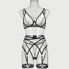 Toucheart 4 Piece Set Bra Set Nude See-Through Mesh Contrasting Color Hemmed Underwear Girdle Garter Belt Suit