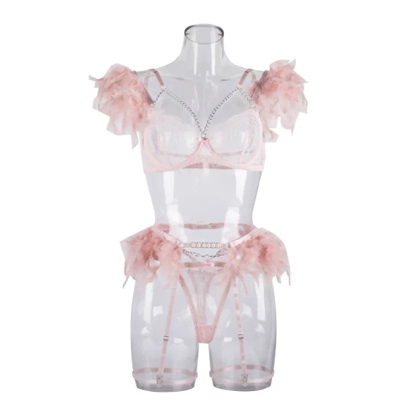 Toucheart 4 Piece Set Fun Lingerie Feather Lace Splicing Chain Slim Mesh See-Through Lingerie Garters Suit