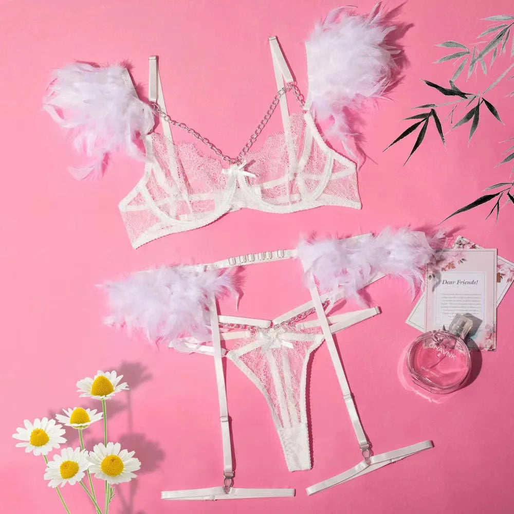 Toucheart 4 Piece Set Fun Lingerie Feather Lace Splicing Chain Slim Mesh See-Through Lingerie Garters Suit
