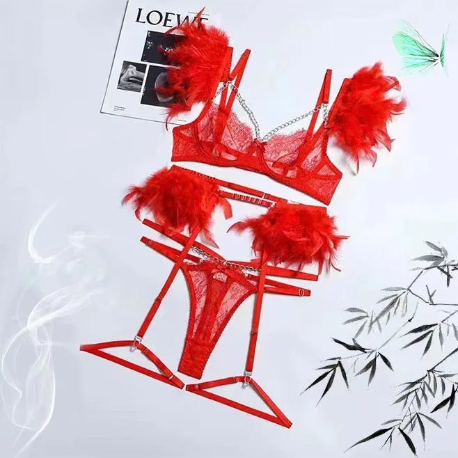 Toucheart 4 Piece Set Fun Lingerie Feather Lace Splicing Chain Slim Mesh See-Through Lingerie Garters Suit