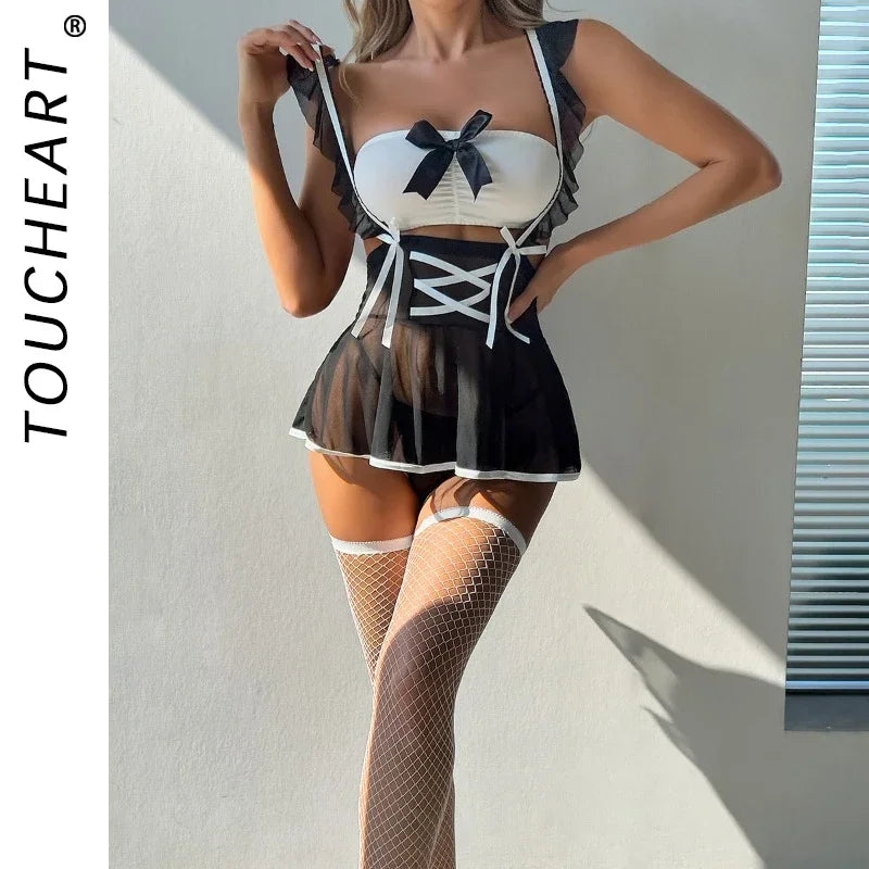 Toucheart 4 Piece Set Mesh See-through Underwear Set Cute Girl Dressed As Maid Strap Cross-wrapped Breast Lingerie Set