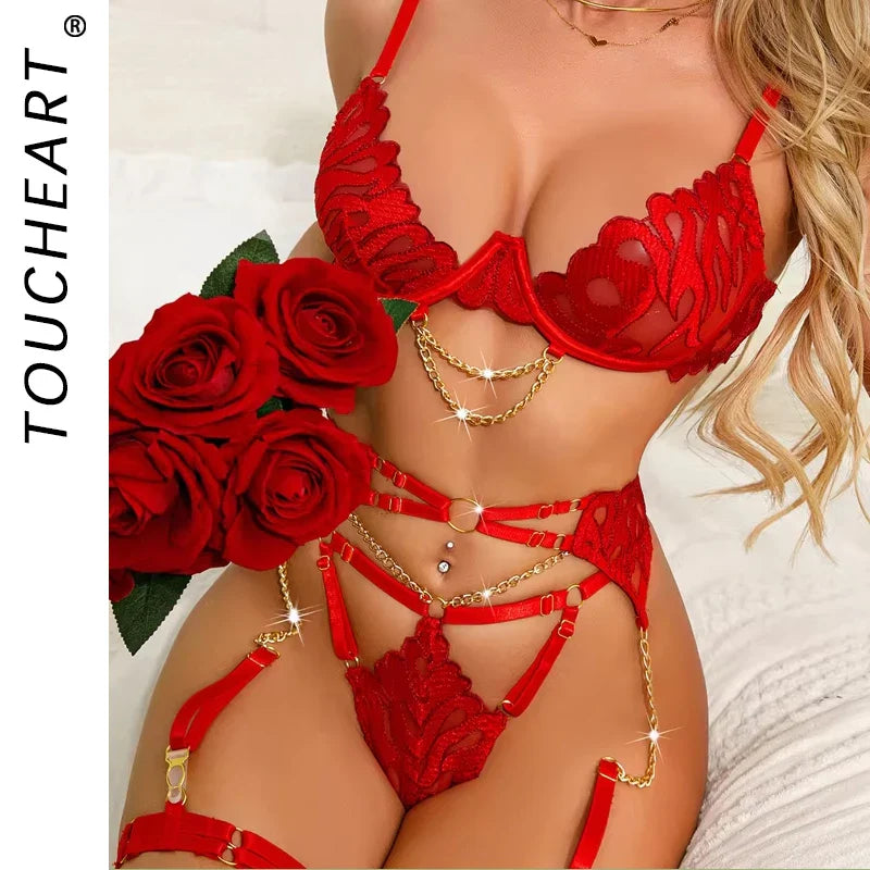 Toucheart 4 Piece Set Panties Set Lingerie Bra Metal Chain Underwear Sexiest Bra Corset Fancy Lingere