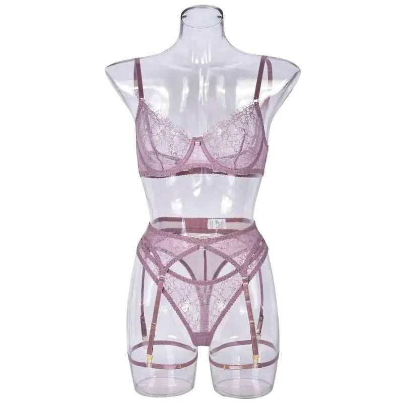 Toucheart 4 Piece Set Bra Set See-Through Lace Pearl Decorated Lingerie Mesh Garters Underwear