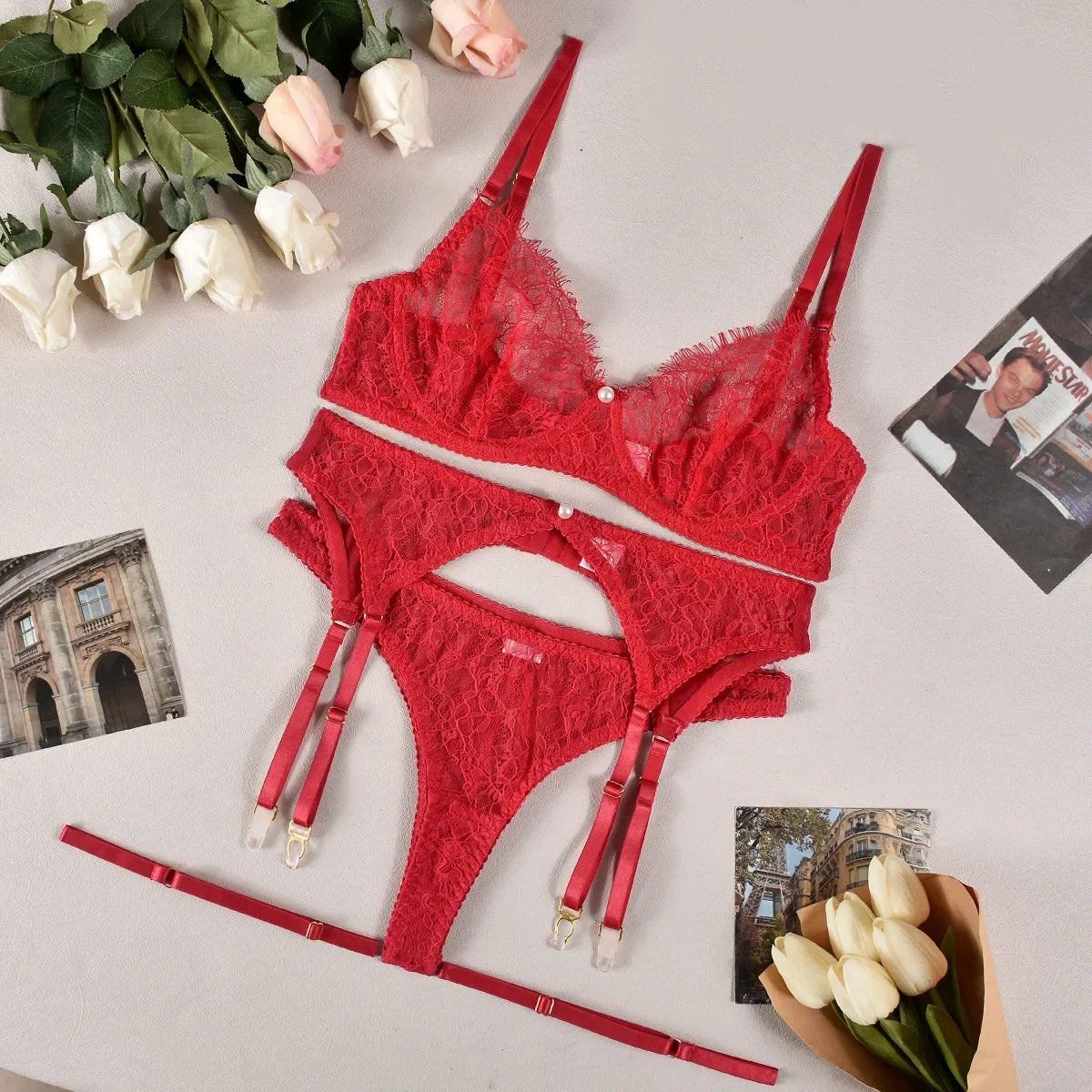 Toucheart 4 Piece Set Bra Set See-Through Lace Pearl Decorated Lingerie Mesh Garters Underwear