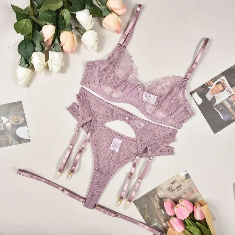 Toucheart 4 Piece Set Bra Set See-Through Lace Pearl Decorated Lingerie Mesh Garters Underwear