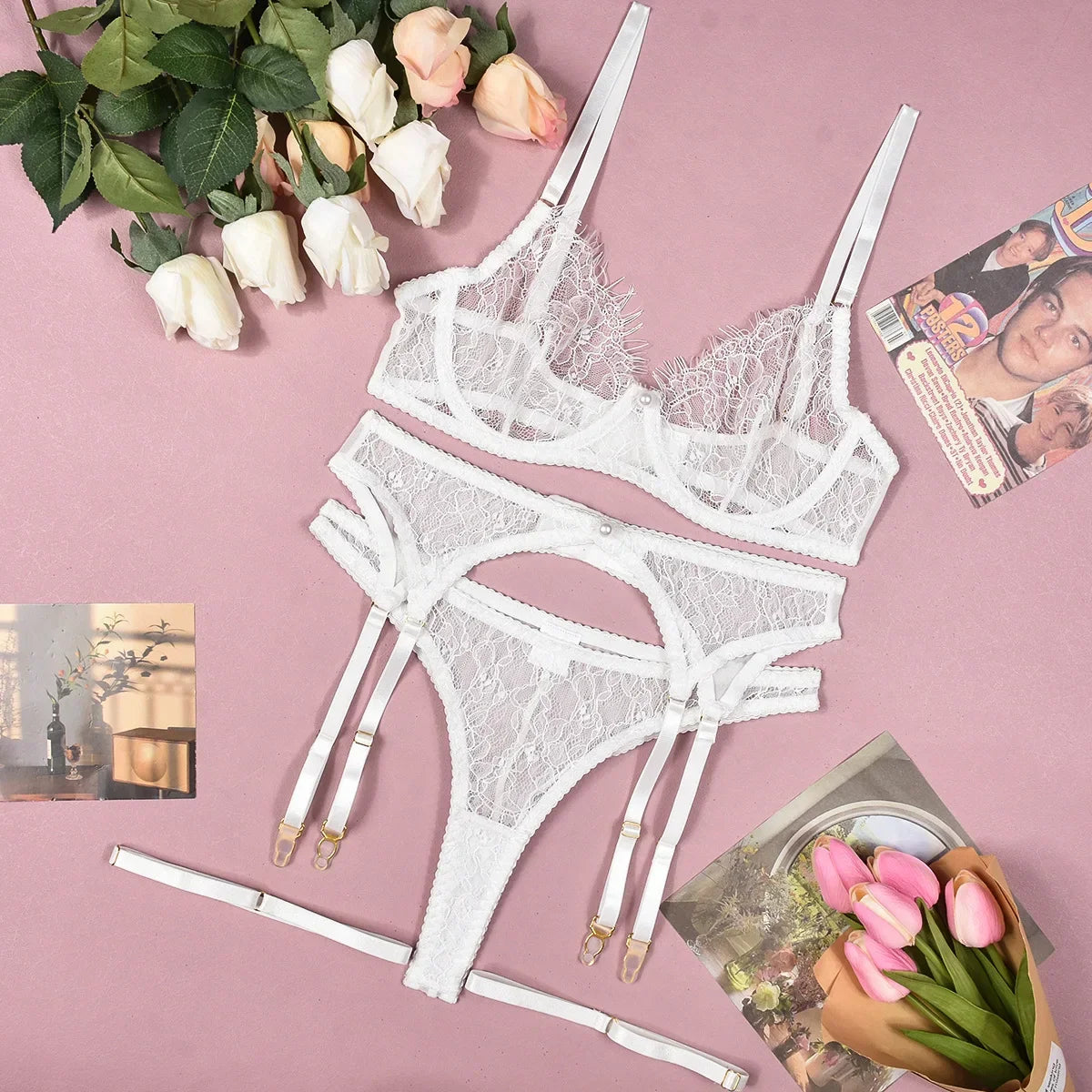 Toucheart 4 Piece Set Bra Set See-Through Lace Pearl Decorated Lingerie Mesh Garters Underwear