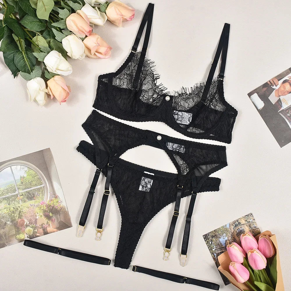 Toucheart 4 Piece Set Bra Set See-Through Lace Pearl Decorated Lingerie Mesh Garters Underwear