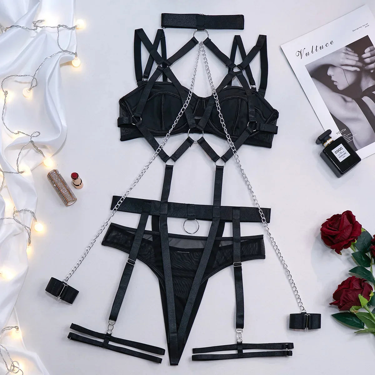 Toucheart 4 Piece Set Chain Halter Underwear Set Erotic Lingerie Temptation Role Play Chain Underwear Set