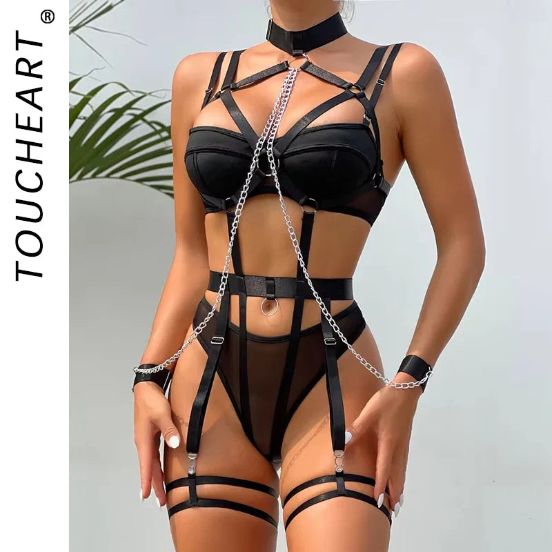 Toucheart 4 Piece Set Chain Halter Underwear Set Erotic Lingerie Temptation Role Play Chain Underwear Set